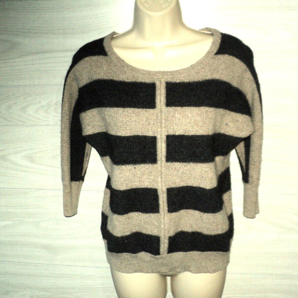 Loft Sweater Pullover Women's Sz M Tan and Gray Stripes 3/4 Sleeves Rayon Blend